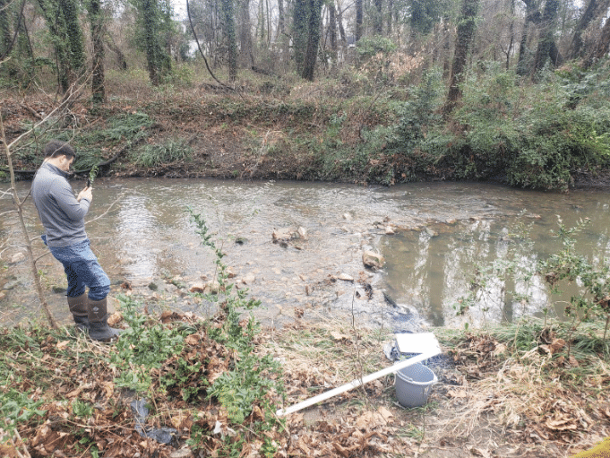 Volunteer conducting a biological assessment of Jordan's Branch VA