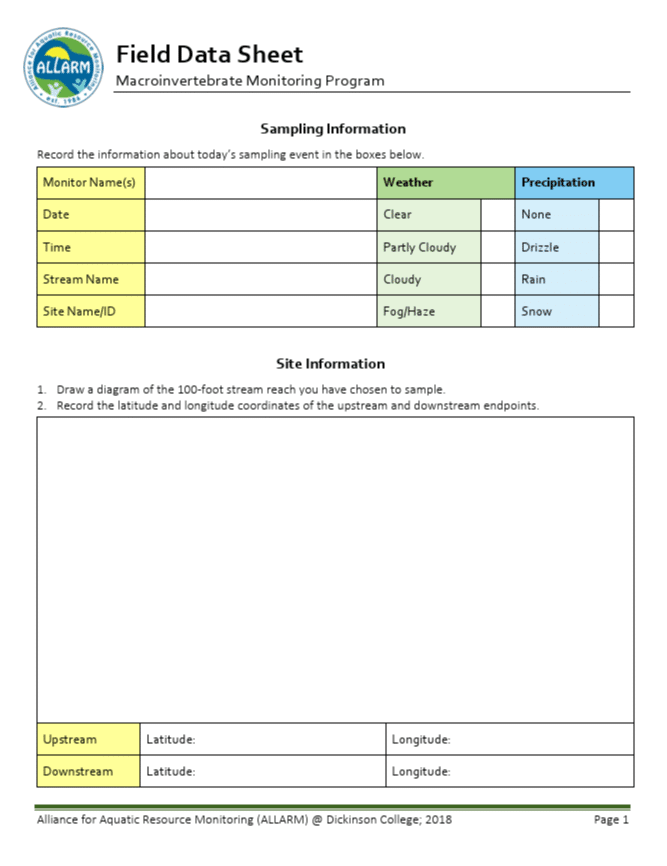 Upper Watershed Benthic Field Data Sheet thumbnail